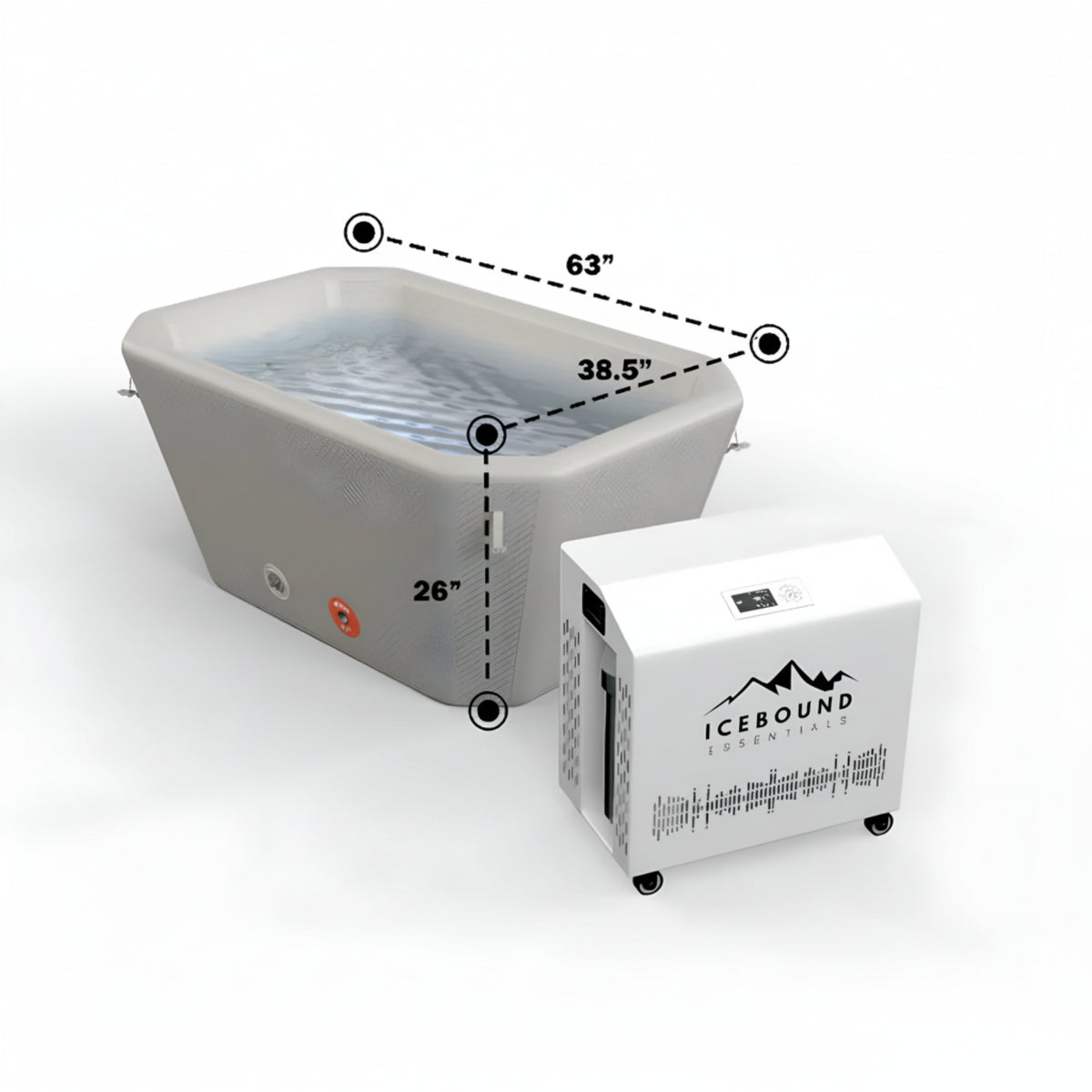 Hot tub and its corresponding power unit with dimensions labeled, featuring the Icebound brand.