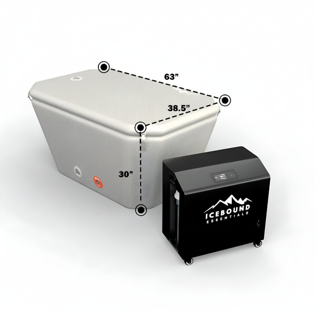 Measurement chart of a large white cooler with dimensions and a black Icebound Essentials cooler on a white background.