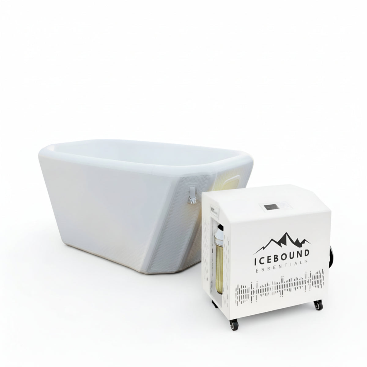 White 'Icebound Essentials' cold lunge branding on a white background